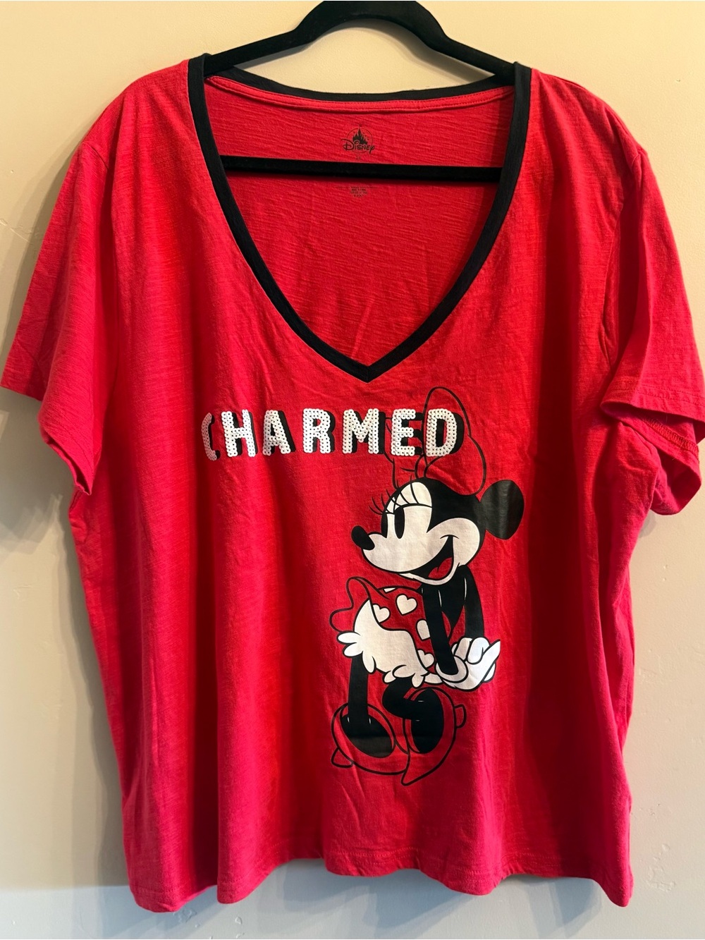 Disney Red Minnie Mouse Charmed V-Neck Tee with Black Trim
